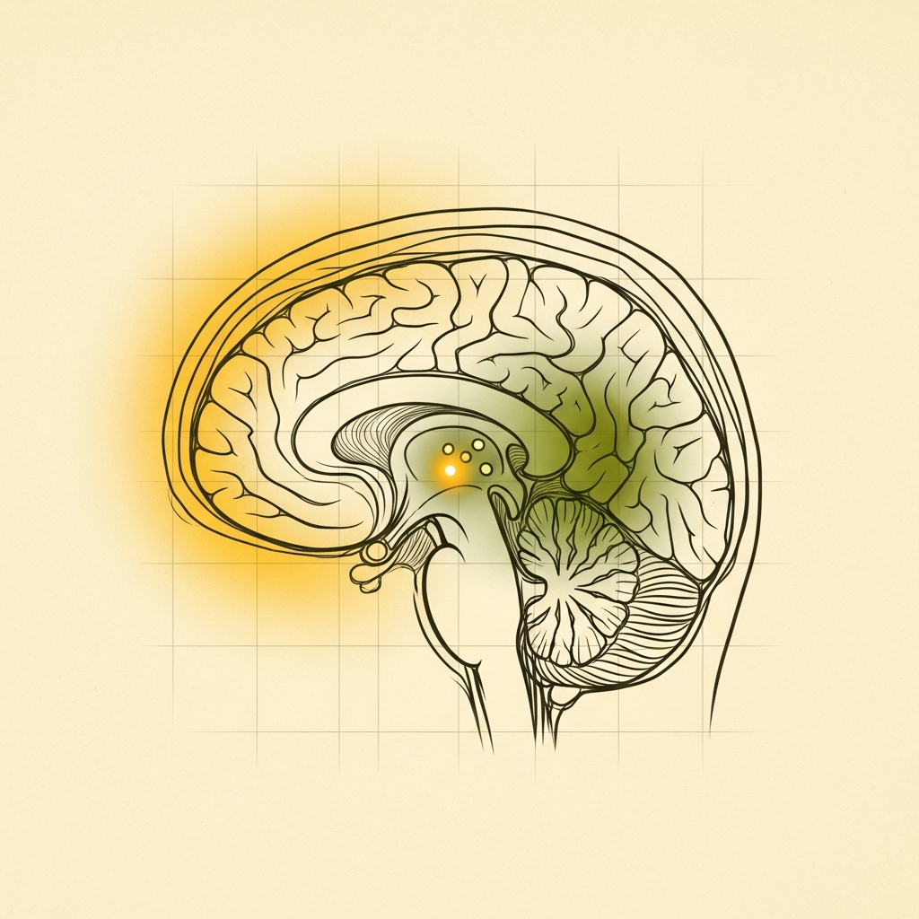 fMRI sagittal scan showing high prefrontal cortex and pineal activation, low amygdala — high coherence state