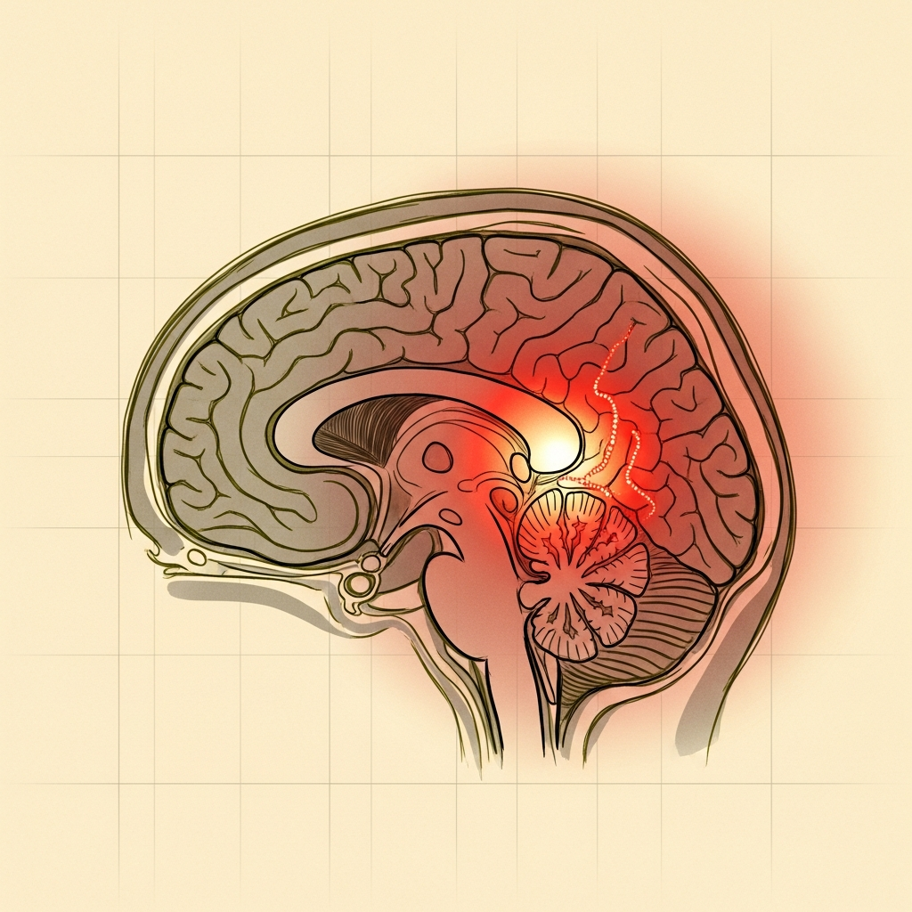 fMRI sagittal scan showing intense amygdala activation, suppressed prefrontal cortex — low coherence state