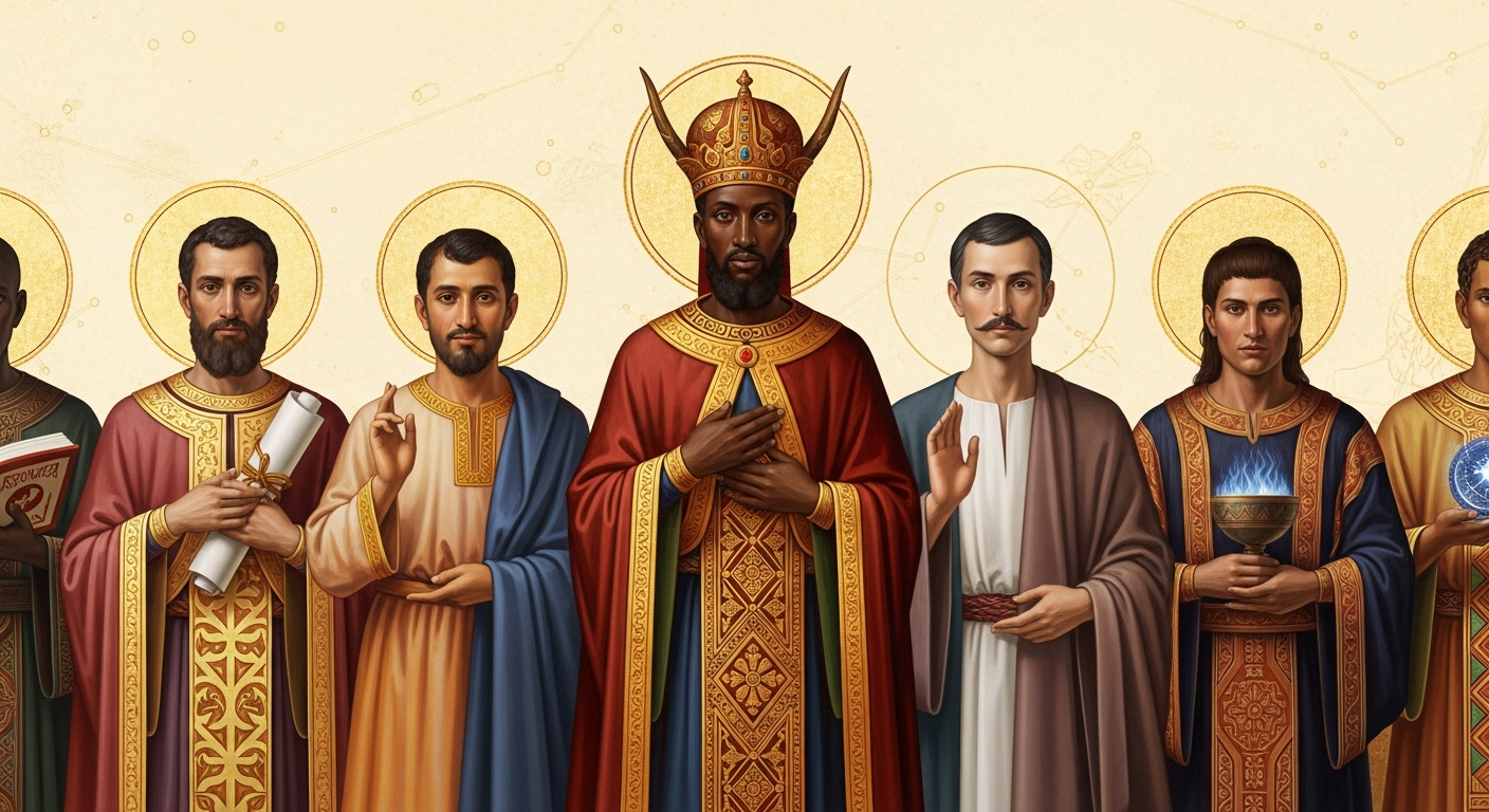 A council of seven male Watchers depicted as luminous figures in warm ceremonial robes — West African, Levantine, South Asian, East African (Kasbeel, chief, center), East Asian, Andean, and Pacific Islander — each haloed and rendered in painterly icon style